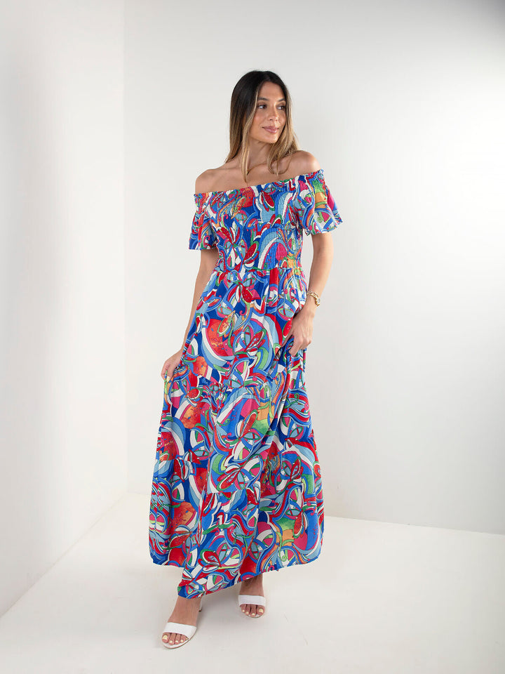 Vestido comprido estampado com decote barco