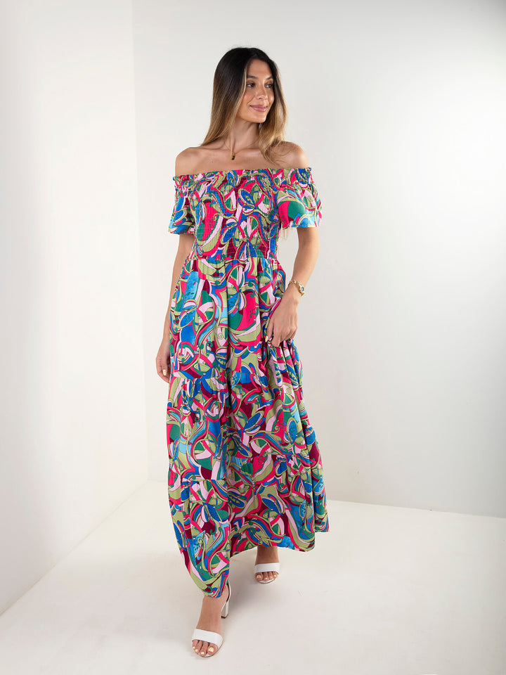 Vestido comprido estampado com decote barco