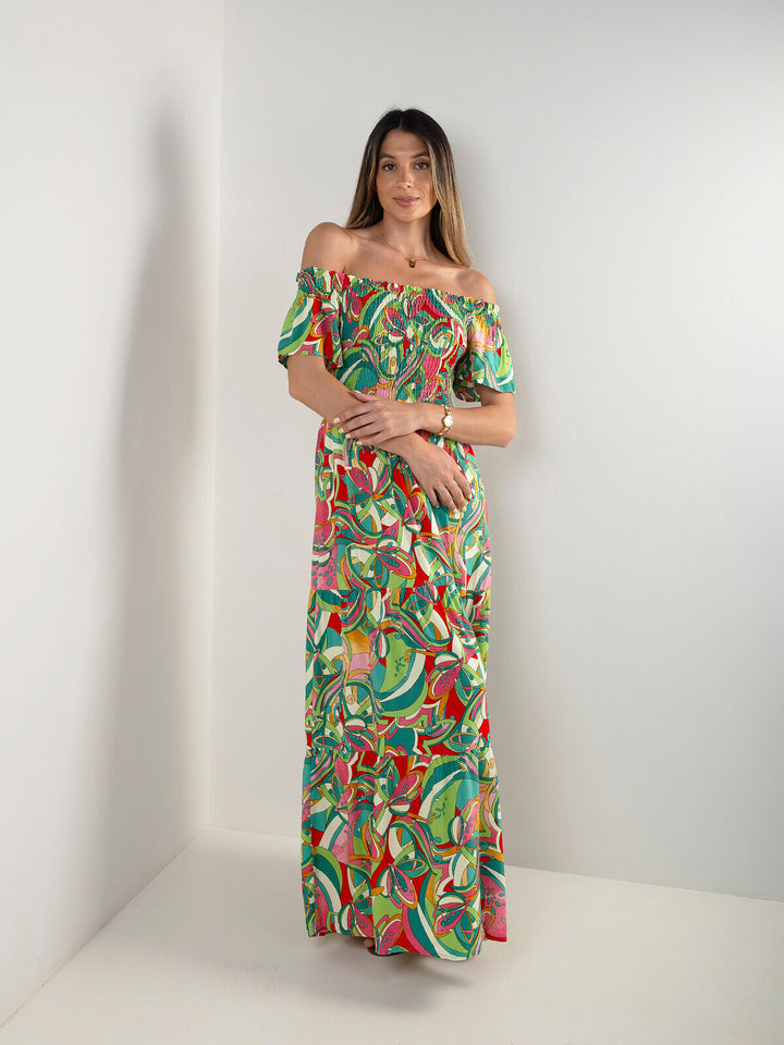 Vestido comprido estampado com decote barco