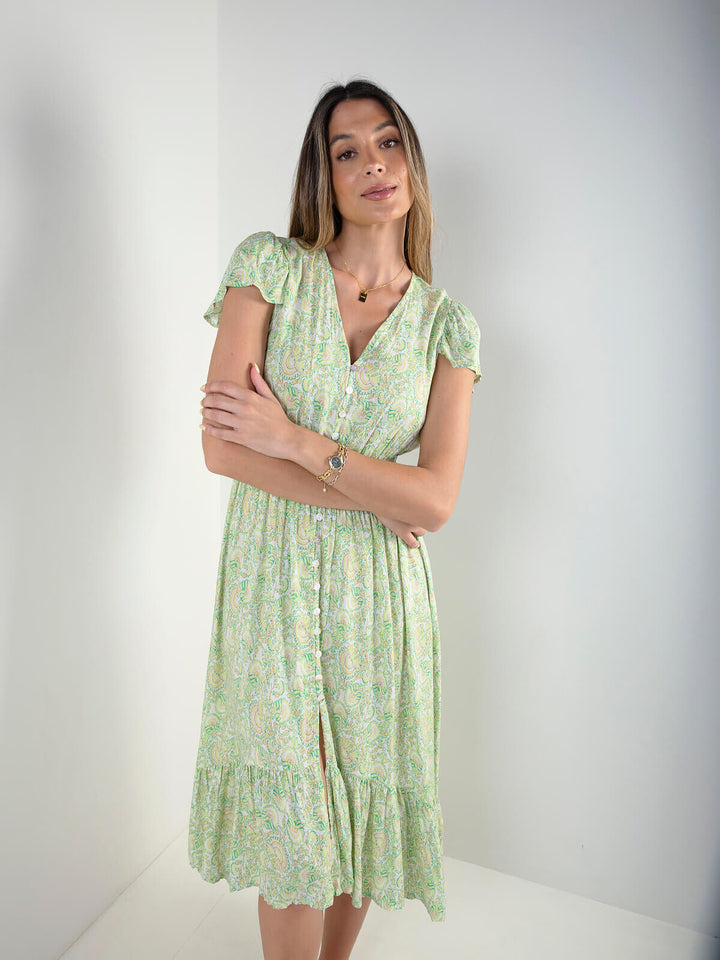 Vestido midi estampado com manga curta
