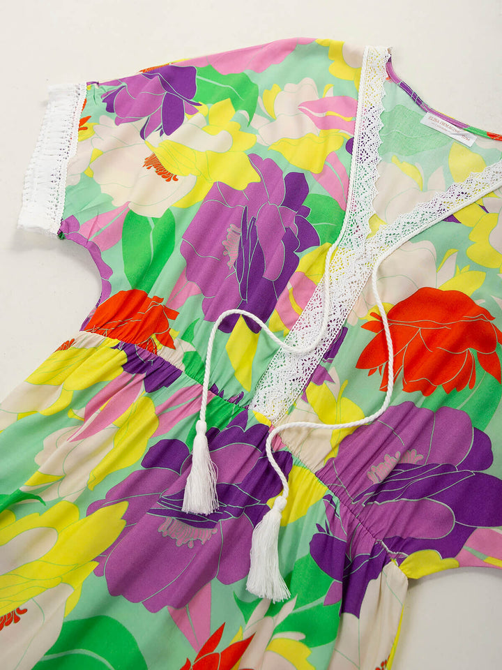 Vestido comprido floral com renda