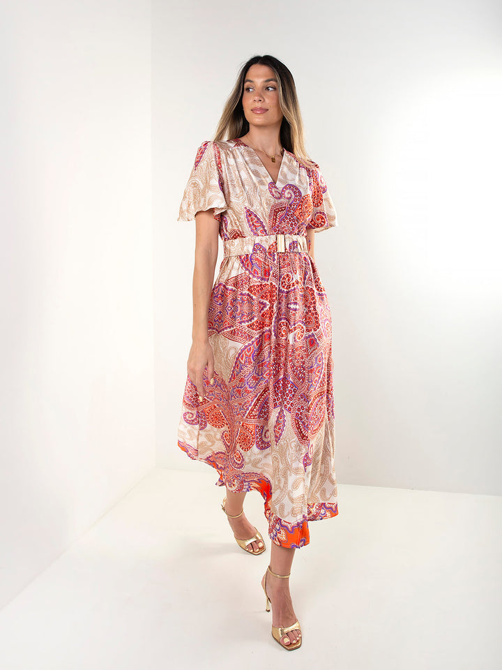 Vestido midi estampado étnico com cinto