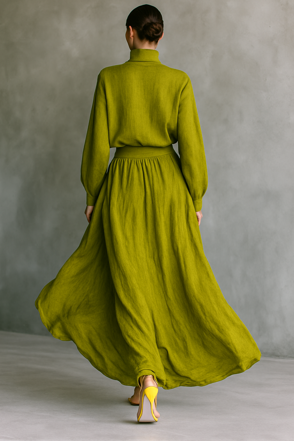 Conjunto de mujer de algodón y lino verde con pantalón ancho