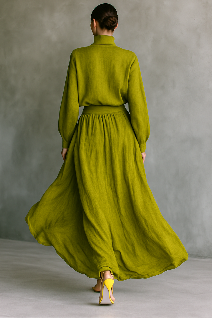 Conjunto de mujer de algodón y lino verde con pantalón ancho