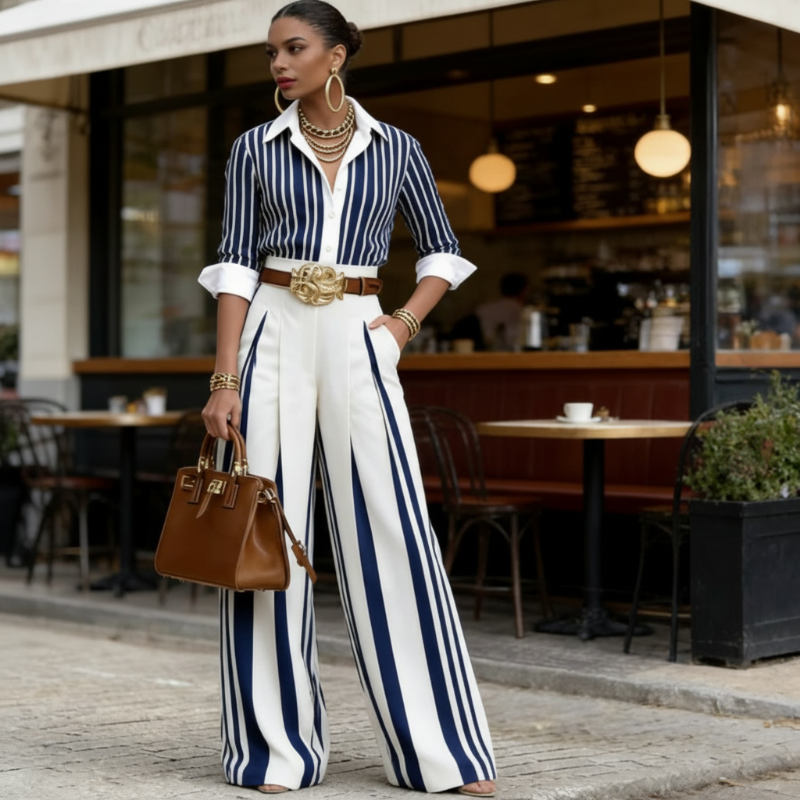 Conjunto De Mujer A Rayas Con Camisa Y Pantalón Ancho